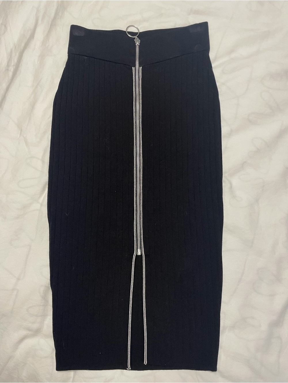 H&M Black Rib-Knit Midi Skirt with Silver Front Zip Pull